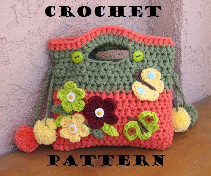 Girls Bag / Purse With Flowers Butterfly And Pom Pom, Crochet Pattern Pdf,easy, Great For Beginners, Pattern No. 9